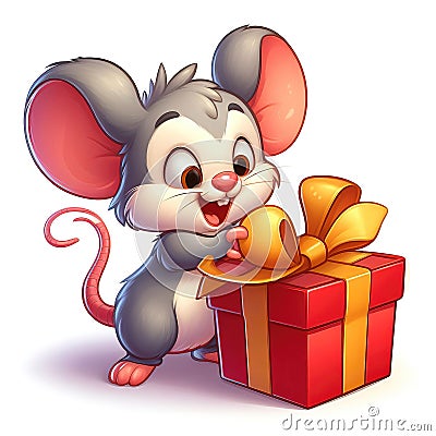 Cute little mouse opening a box with a gift, idea of â€‹â€‹joy of the holidays, Christmas cartoon illustration Cartoon Illustration